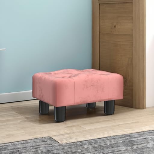 LUE BONA Small Foot Stool Ottoman, Velvet Tufted Footrest with Plastic Legs, 9''H, Rectangle Foot Stools for Adult with Non-Slip Pads, Footstool for Living Room,Couch, Pink
