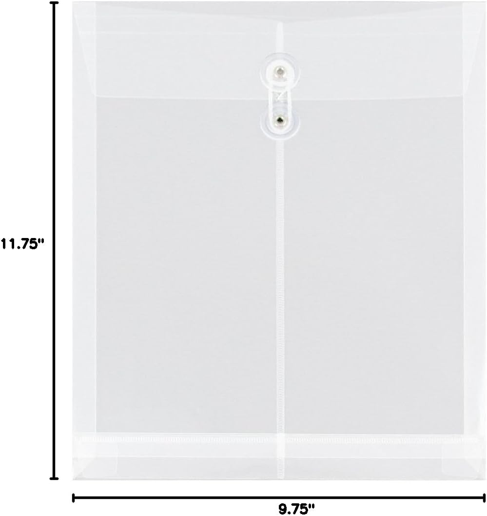 JAM PAPER Plastic Envelopes with Button & String Tie Closure - Letter Open End - 9 3/4 x 11 3/4 - Clear - 12/Pack