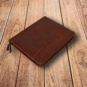 Full Grain Leather Business Portfolio Padfolio Document Organizer with Writing Pad Resume Professional Interview Zipper Writing Notepad Folder for Women Men Cognac