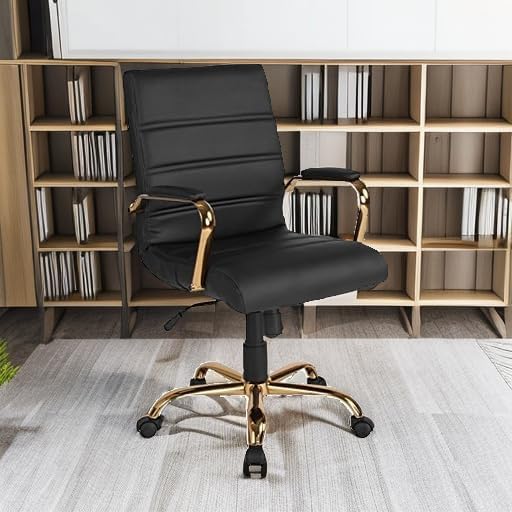 Flash Furniture Whitney Mid-Back Swivel LeatherSoft Desk Chair with Wheels, Padded Seat and Armrests, Adjustable Height Padded Office Chair, Black