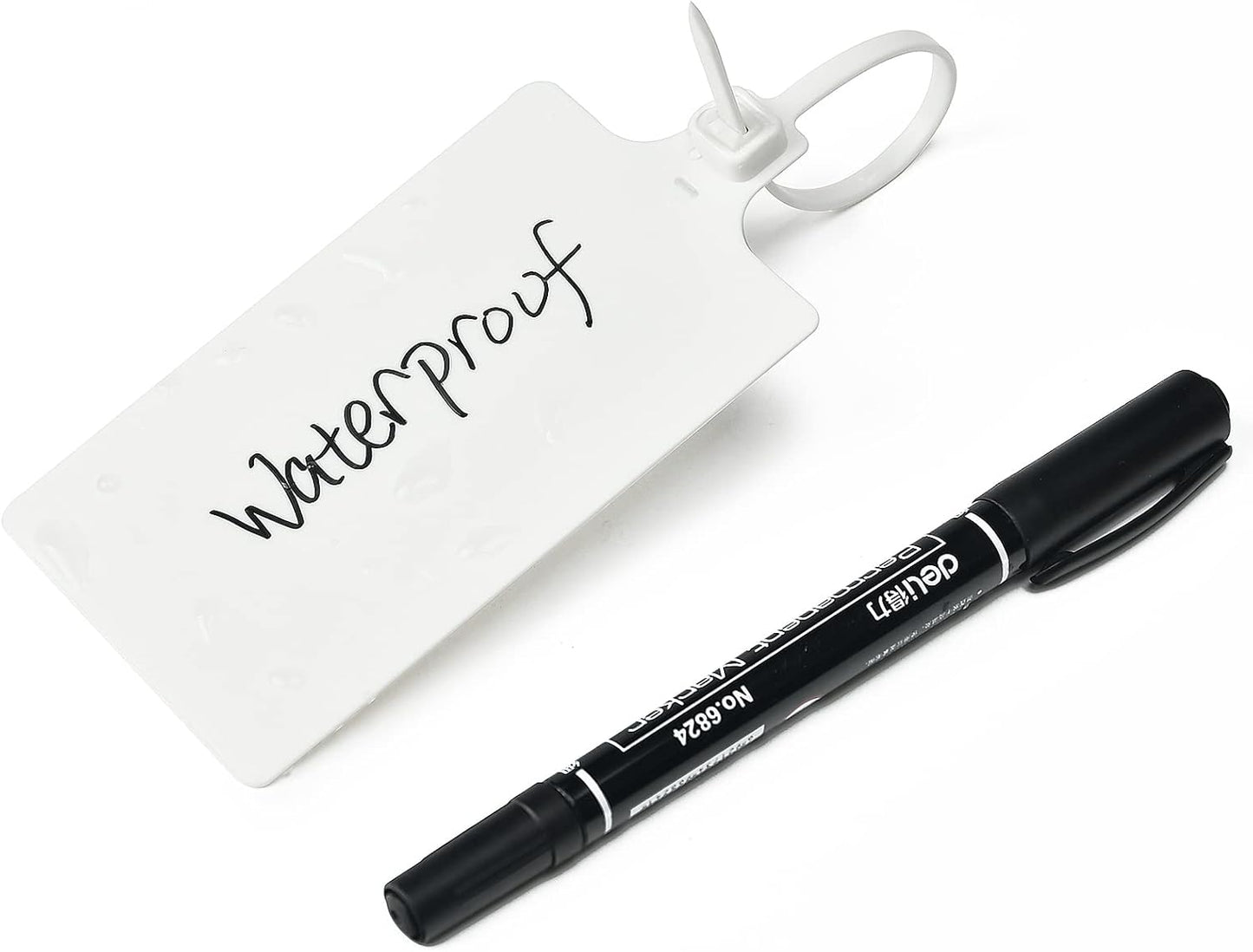 100 White Plastic Writable Shipping Tags - Large, Waterproof, Hanging Labels with One Permanent Marker Pen