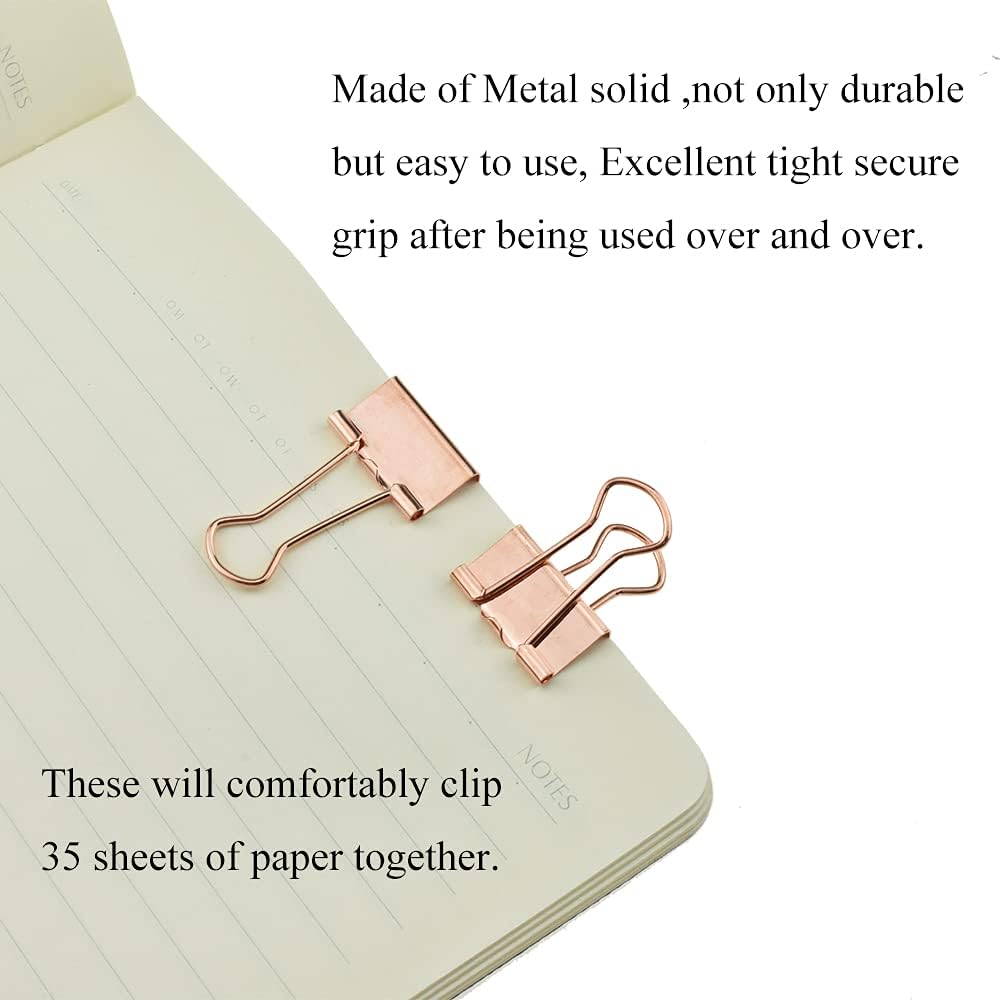 HAHIYO Binder Clips Paper Clamps Spring Steel Sturdy Small 0.75 inch Width 0.2 Inch Capacity No Sharp Edges Heavy Duty Tight Grip Reusable Rose Gold Metal Bright Finish for Home Office School 30 Pack