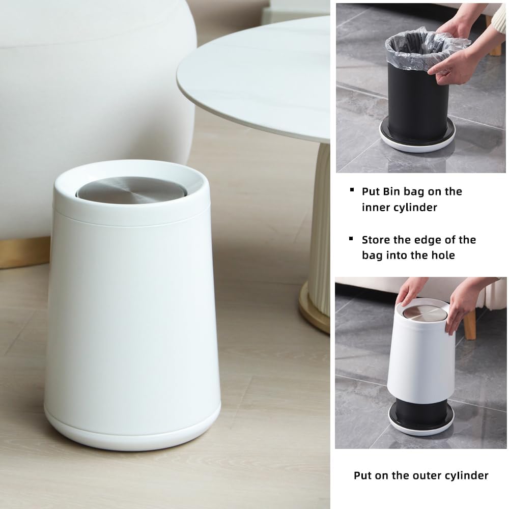 10 L/2.6Gallen,Swing Lid Trash Can,Metal Garbage Can with Flipping Lid,for Bathroom,Living Room,Bedroom,Hotel,Office, Laundry Room(White)
