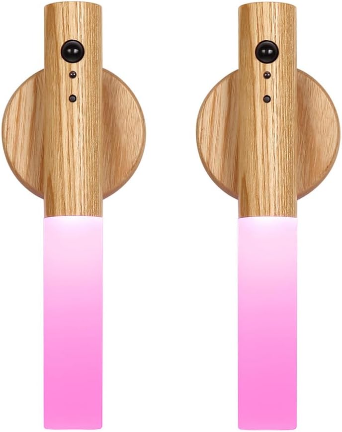 LANDGOO RGB Motion Sensor Night Light, Color Changing Atmosphere Lamp, Battery Powered Rechargeable LED Wood Wall Sconce for Home Party Lighting (RGB Ash Wood 2PCS)