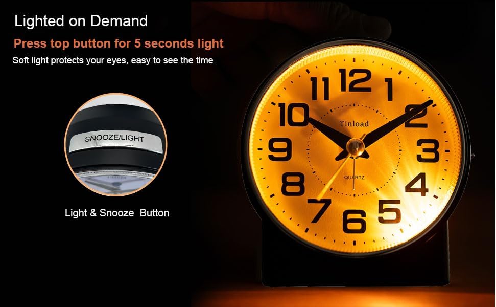4.3" No Ticking Analog Alarm Clock,Silent Readable for Seniors,Easy to Set,Gradual Rise Alarm,Big Numbers,On/Off Switch on Side,Gentle Wake,Snooze,Lighted on Demand,Battery Operated,Black