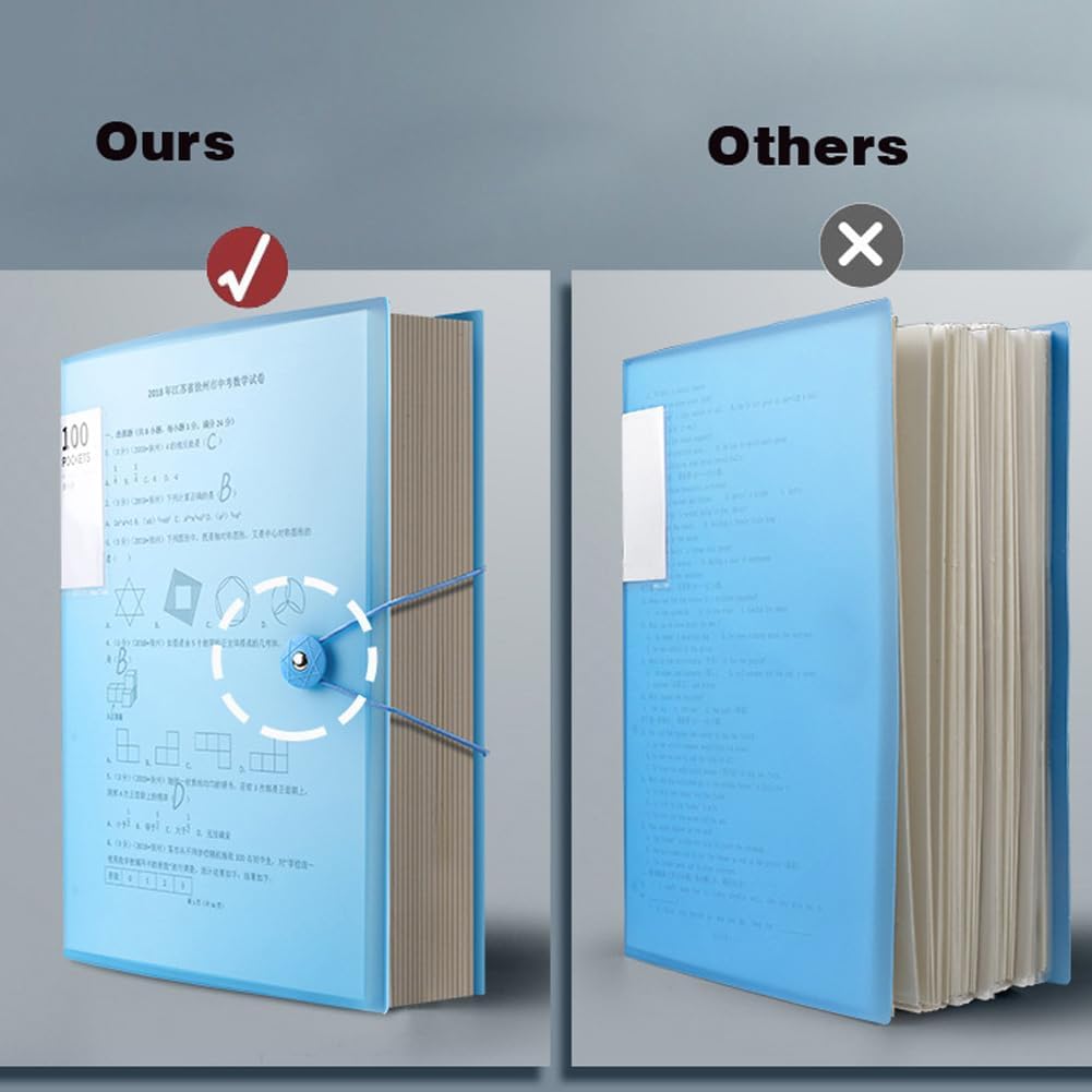 File Folder - 100 Pockets, Durable A4 Letter Size Organizer, Water-Resistant Plastic Dividers, Home/Office/School Document Holder (Blue)