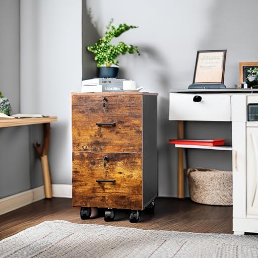 VINGLI 2-Drawer Small Rolling File Cabinet with Lock, Wood Filing Cabinet for Hanging Letter Size Filings with Tabs, Mobile Under Desk File Cabinets for Home Office, Rustic Brown & Black, 27.2" H