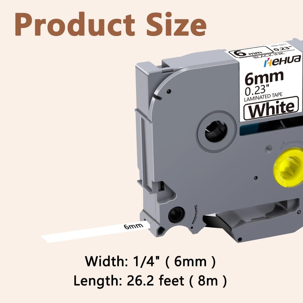 Hehua 6mm 0.23 Extra Strength Adhesive Laminated White Tape Compatible for Brother TZe-S211 TZeS211 TZ-S211 TZS211 for Ptouch PT D210 D200 H110 H100, 1/4'' x 26.2ft Black on White, 4 Pack