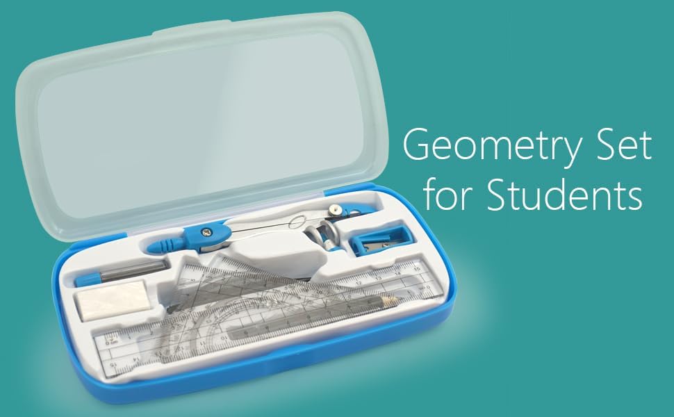 Drafting Compass Kit School Supply Set Featuring Geometry Compass, Protractor, Set Squares, and Ruler – for School Grade Boy snd Girl with Every Piece Compact in Carrying Case, Classic Blue
