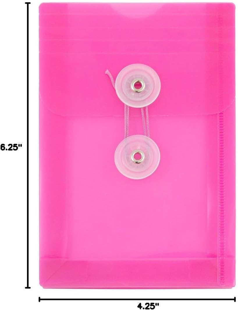 JAM PAPER Plastic Envelopes with Button & String Tie Closure - 4 1/4 x 6 1/4 - Fuchsia Pink - 12/Pack