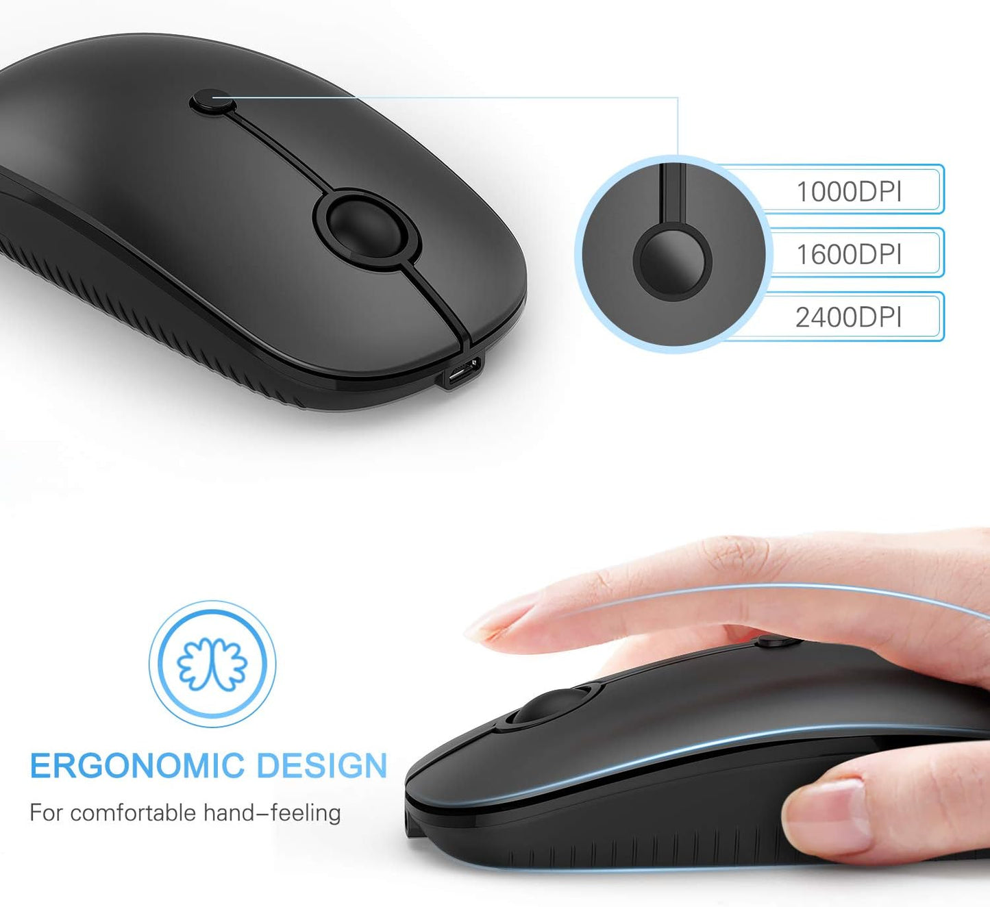 Type C Wireless Mouse,Vssoplor USB C Rechargeable Portable Quiet Mouse USB and Type C Receiver Dual Mode Laptop Mouse for PC, Laptop, MacBook, Tablet-Black