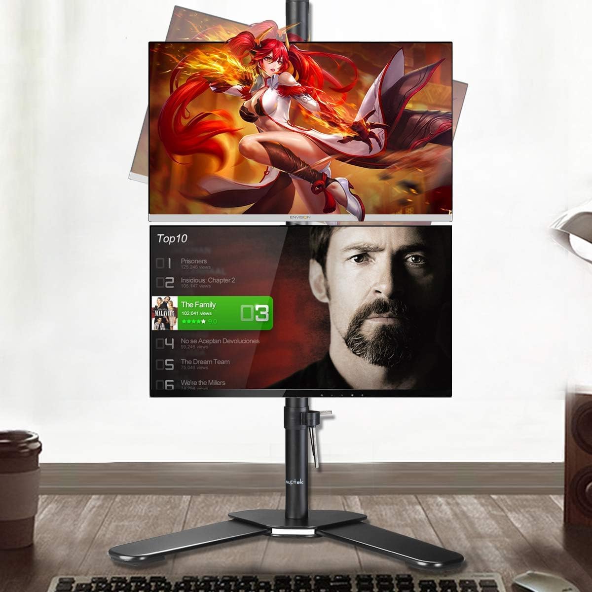 Suptek Dual LED LCD Monitor Stand up Free-Standing Desk Mount for 2 / Two Screens up to 32 inch Extra Tall 31.5 inch Pole Heavy Duty Fully Adjustable Stand Vertical Array (ML6802)