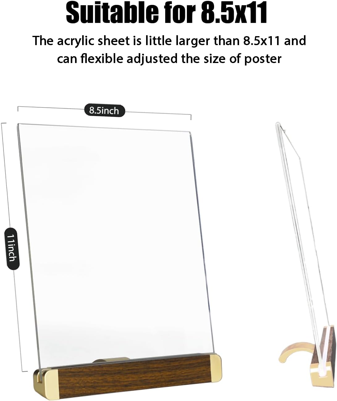 8.5 x 11 Acrylic Sign Holder, Classic Wooden Gold Stand, Double Sided Display Table Top Paper Holder, for Office, Cafe, Store, Menu, Certificate, Document (Vertical, 6pack)