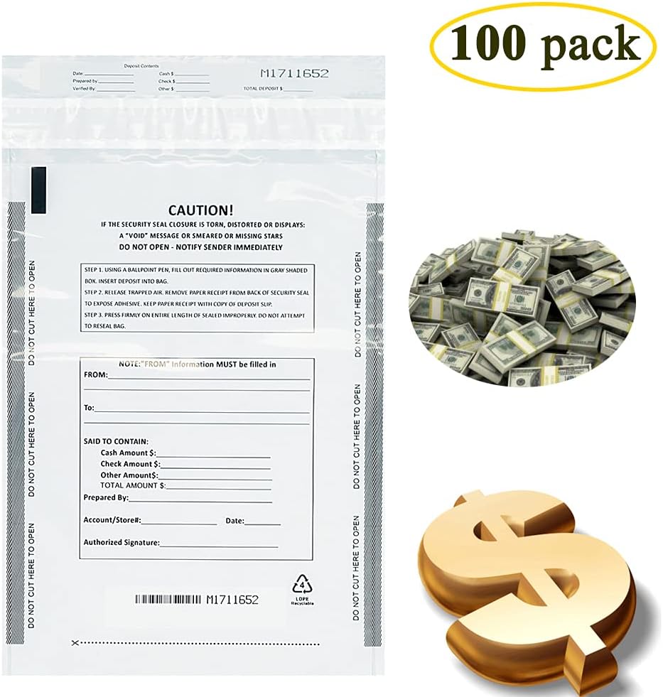 Deposit Bags Security Pocket Bank 9 Inch x 12 Inch (White, 100 Pack)