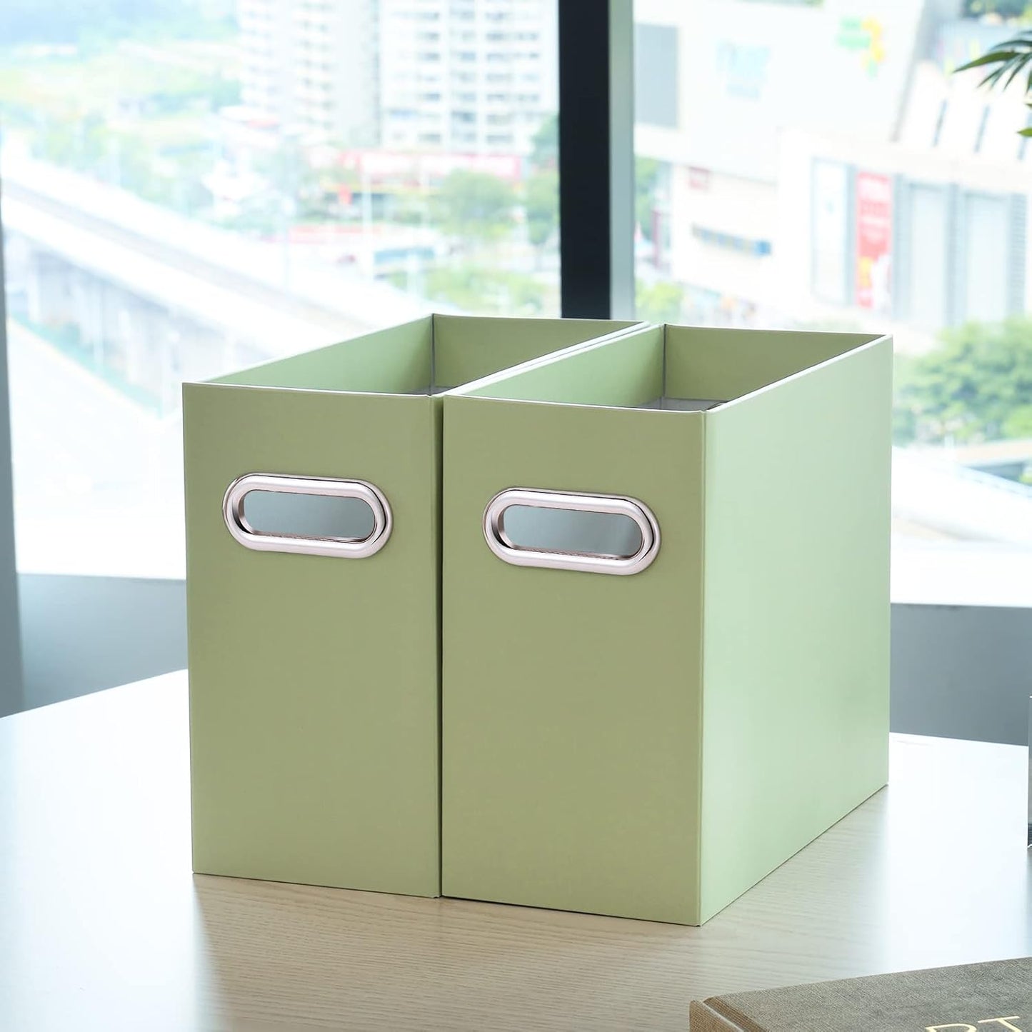 Oterri File Organizer, 6 Packs Small Storage Box, Cardboard File Folder Organizer, Collapsible File Box for Hanging File Folders Letter Size, Portable Filing Organizer with Handle(Green)