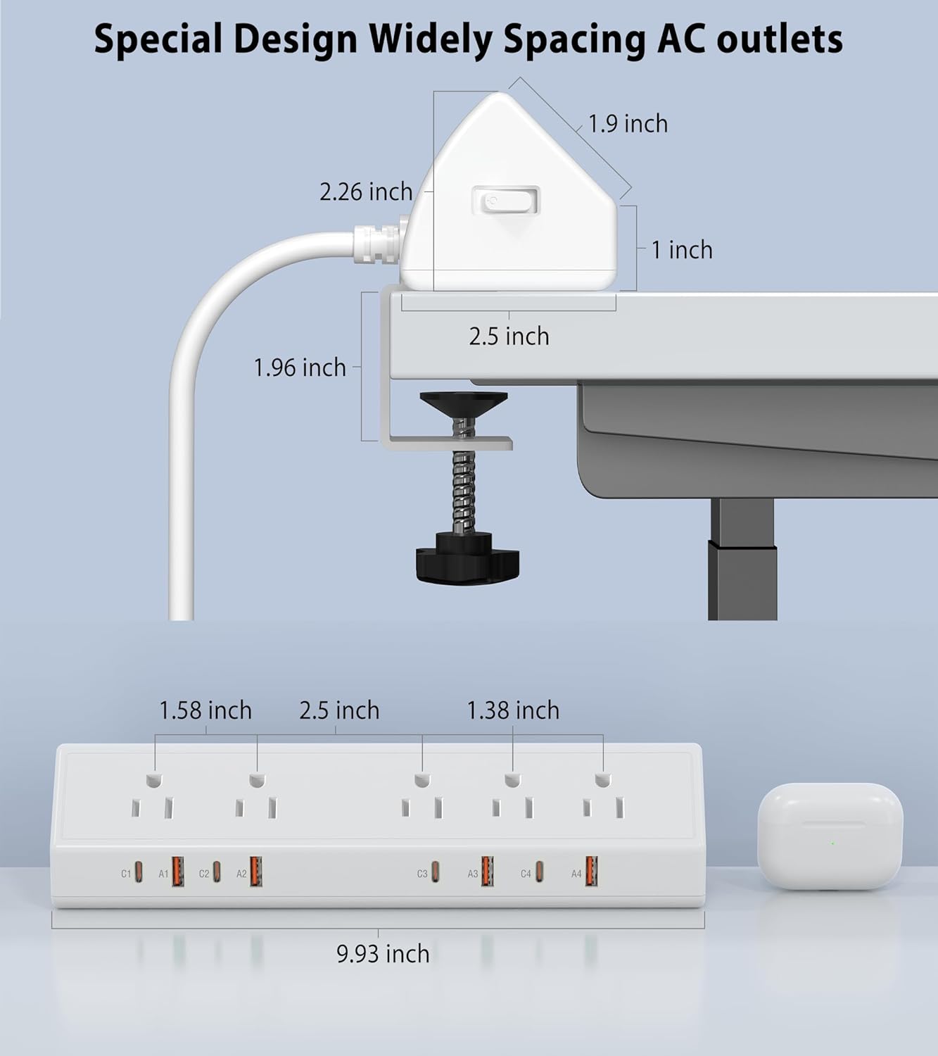 Desk Clamp Power Strip 65W Fast Charging Station,4 PD USB-C,5 Outlets,Nightstand Desk Edge Mount Tower Surge Protector,15 Amp Heavy Duty Power Strip,Fits 1.96" Tabletop Edge (White, 10 FT Cable)