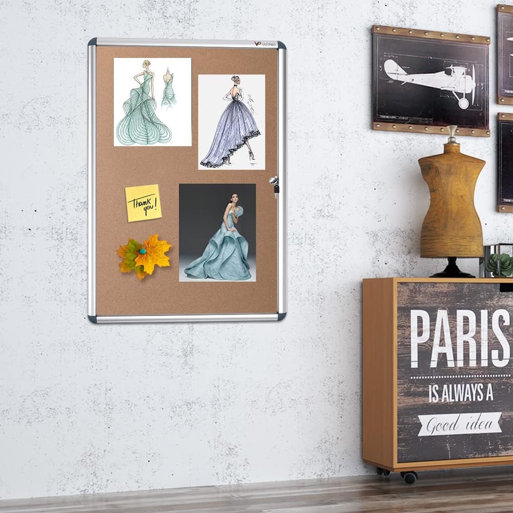 VIZ-PRO Tamperproof Lockable Cork Noticeboard Class 1 Aluminium Framed 36x24 Inches, Pack of 2