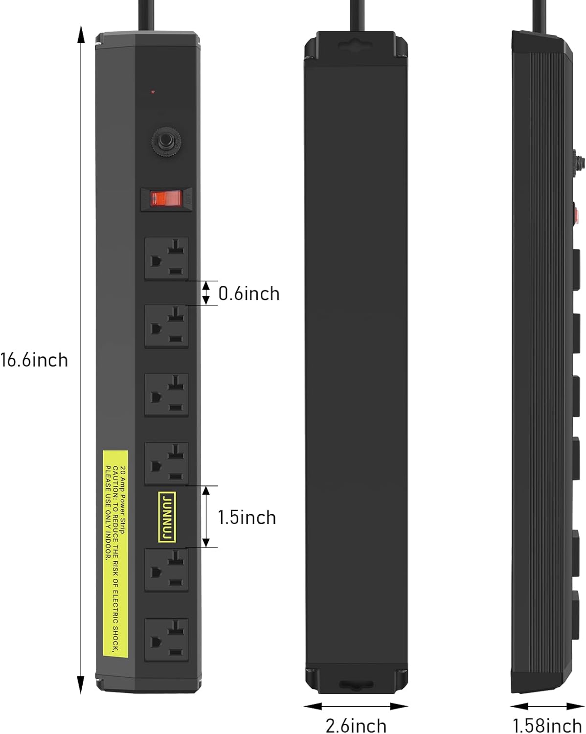 JUNNUJ Heavy Duty Metal Power Strip 20 Amp, High Amp Surge Protector 6 Outlet, 20A Power Strips Workshop Industrial Outlets Wide Spaced 6-20R T-Slot with Circuit Breaker, 12 Gauge Extension Cord 10ft