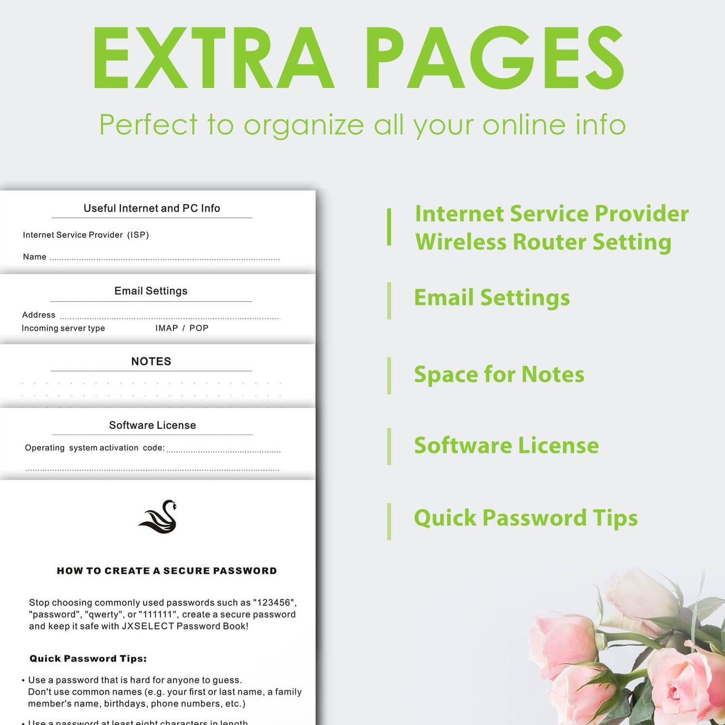 Elegant Password Book with Alphabetical Tabs - Hardcover Password Book for Internet Website Address Login - 5.2" x 7.6" Password Keeper and Organizer w/Notes Section & Back Pocket (Green)