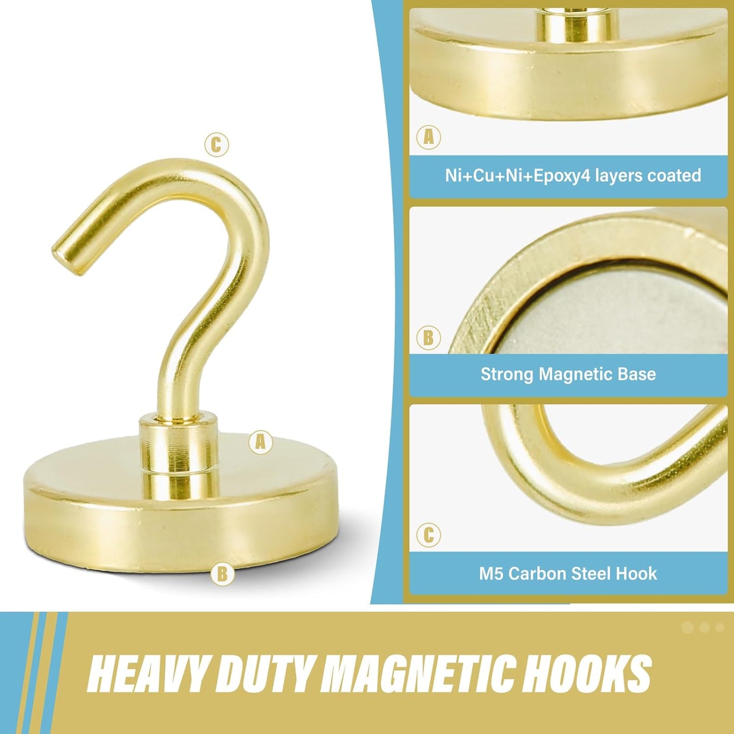 Neosmuk Magnetic Hooks Heavy Duty, Strong Magnet with Hook for Fridge, Super Neodymium Extra Strength Industrial Hooks for Hanging, Magnetic Hanger for Toolbox, Cruise, Grill(Golden,4 Pack)