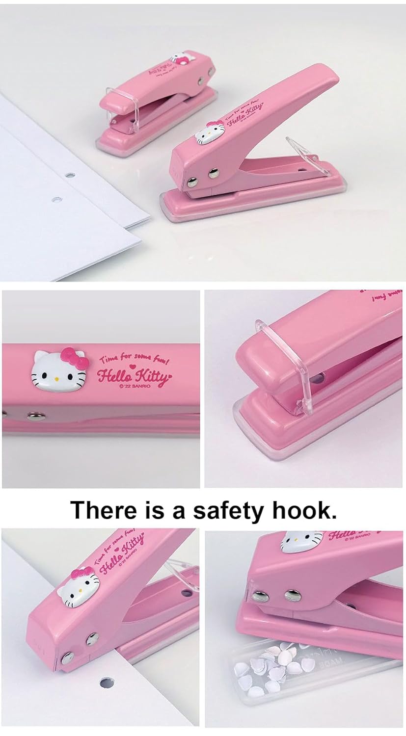 LENITH Animal Character Hello Kitty One Hole Punch, Hole Puncher, Low Force, 16 Sheet Punch Capacity Pink Cat