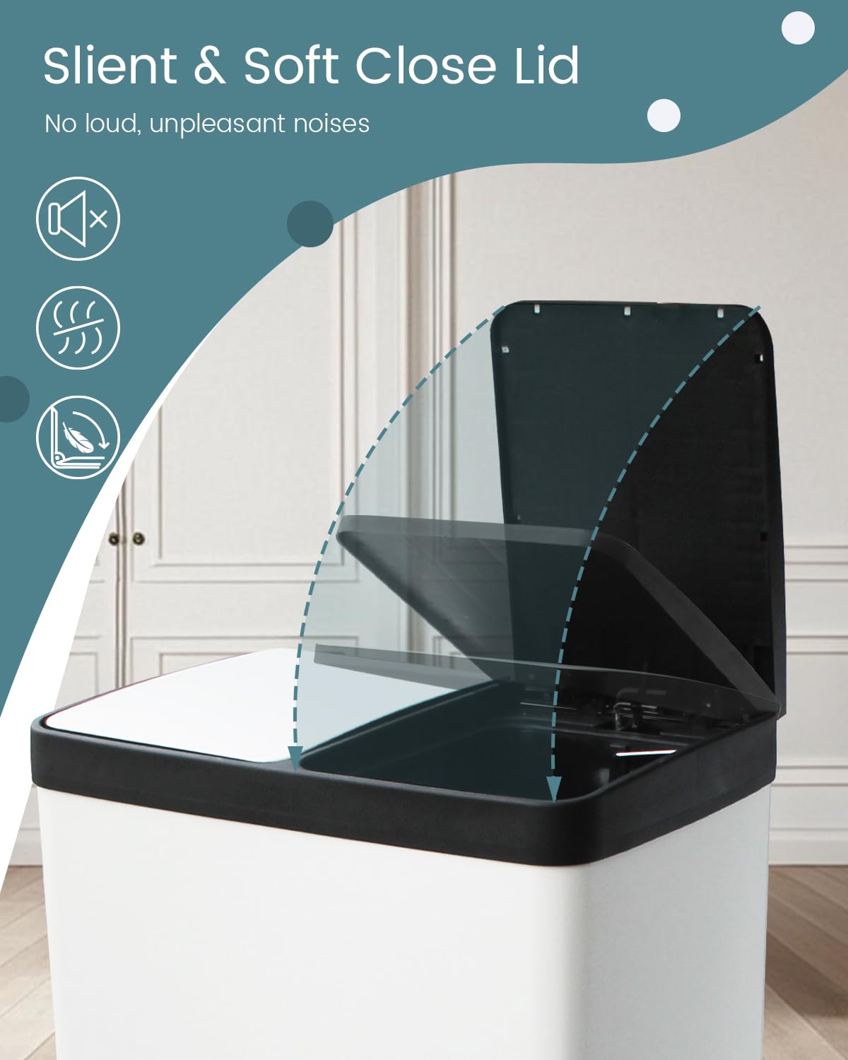 60L Dual Compartment Stainless Steel Trash Can, 16 Gallon White Kitchen Garbage Bin with Silent Sealed Lids, Pedal & Recyclable Waste Bins for Home/Office