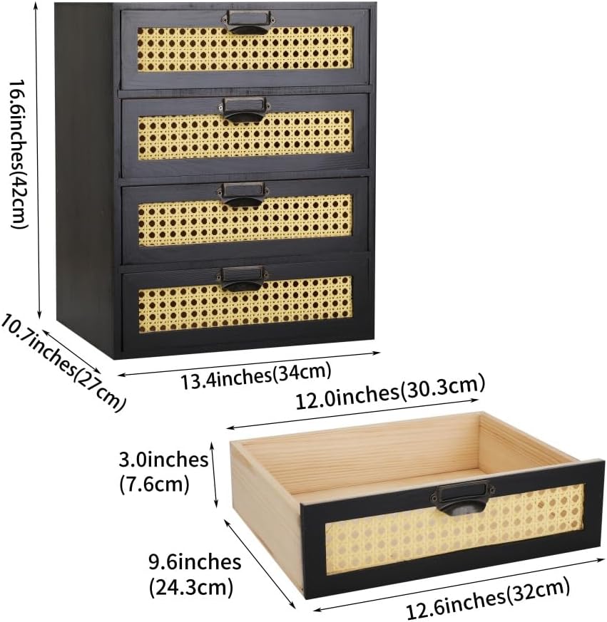 Large Wooden Drawer BoHo Desk Organizers Wooden Storage Dox with Drawers Rattan Paper Storage Drawer Wood File Organizer Library Card Catalog Cabinet Apothecary Cabinet (L-BLACK)