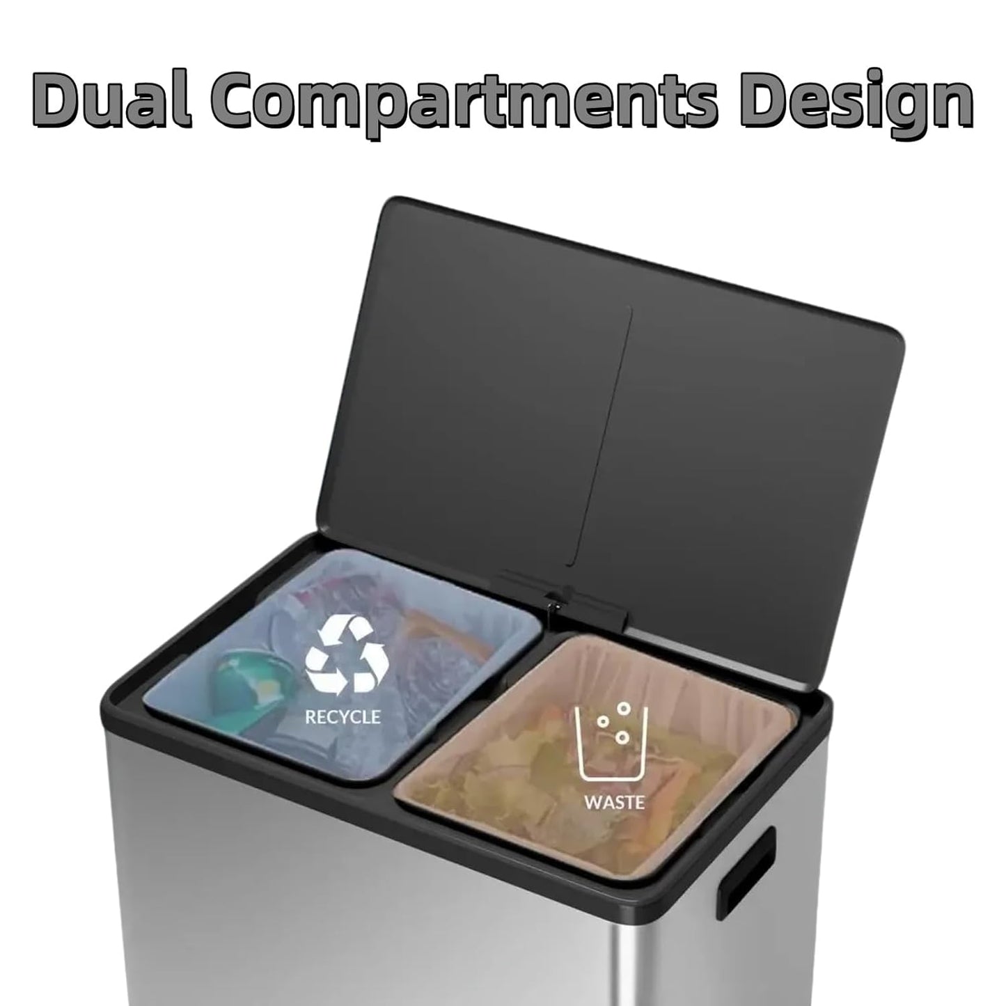 Dual Trash Can with Lid, 16 Gallon/60L Stainless Steel Recycling Trash Bin with 2 Removable Waste Buskets and Wide Pedal, Modern Garbage Bin for Home Kitchen
