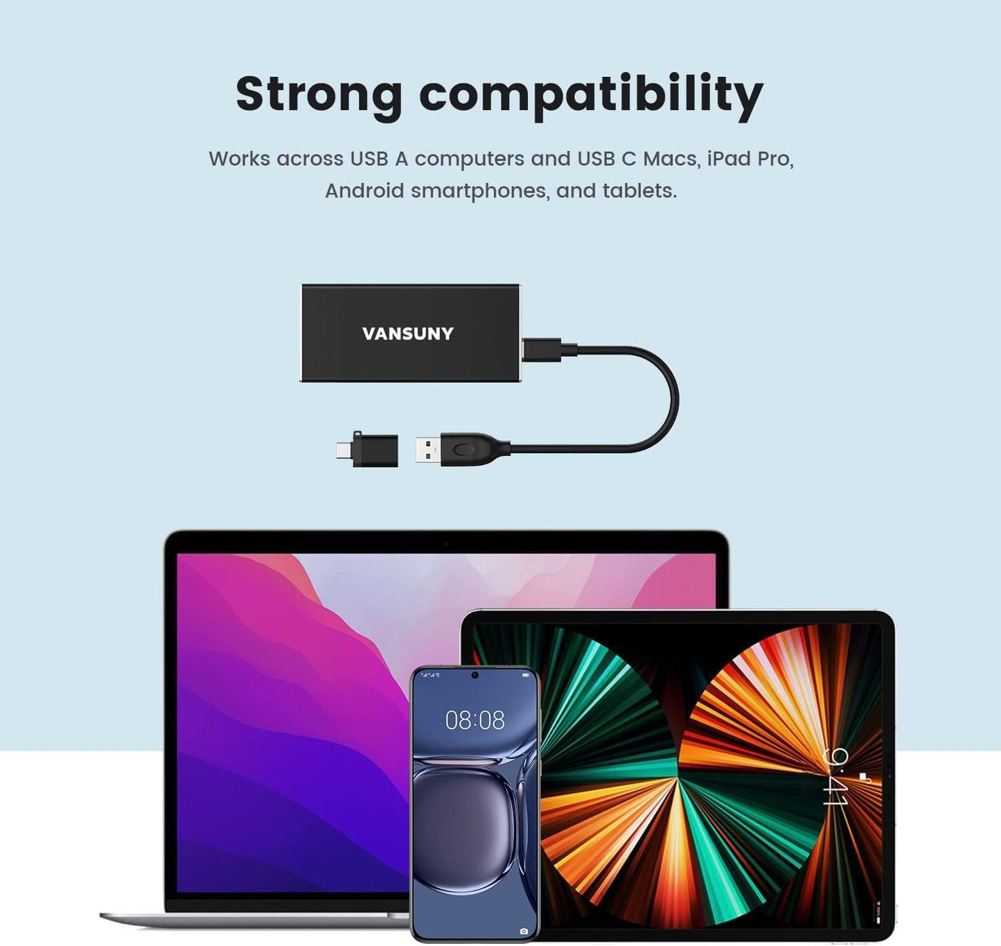 Vansuny 2TB Portable External SSD, USB 3.1 Gen2 Up to 500MB/s Solid State Drive, Metal USB C Mini Portable External Hard Drive for PC, Laptop, Phones and More