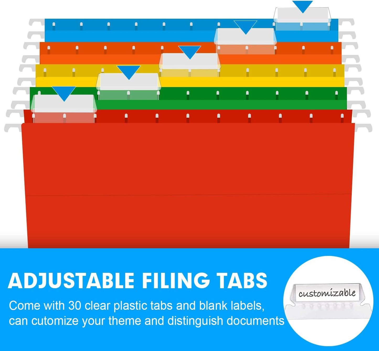 Extra Capacity Hanging File Folders, RAZCC 30 Pack Letter Size Reinforced Hanging Folders with Heavy Duty 3 Inch Expansion for Bulky Files, Filing Cabinet, Adjustable Tabs, Assorted Colors