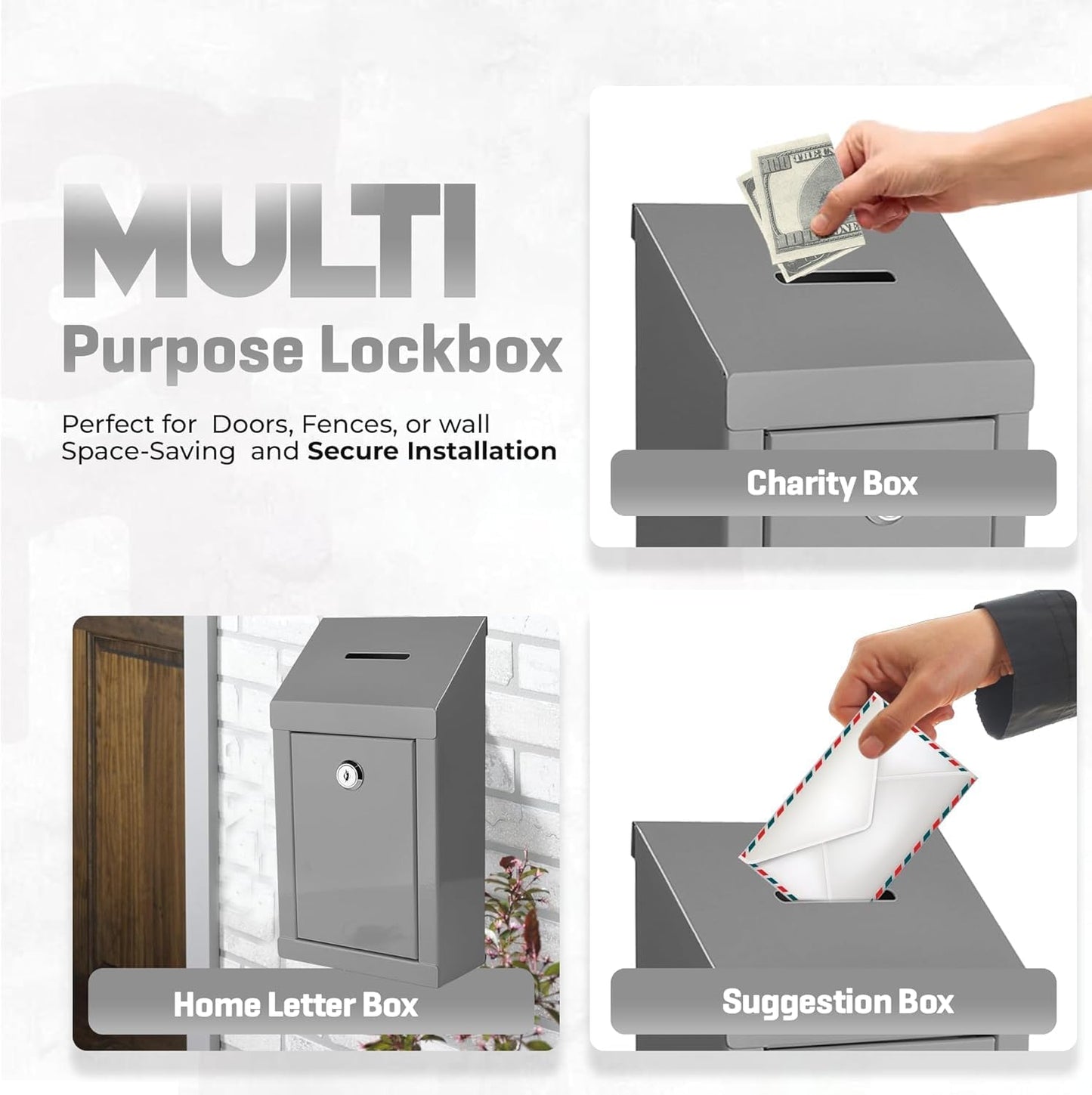 Metal Donation Box-Suggestion Box with Slot and lock-Cash Lock box for Money-Waterproof Drop Box-Comment and ballot voting box-comes with pre-drilled holes for easy wall mounting 10 X 6 X 2.5"(Gray)