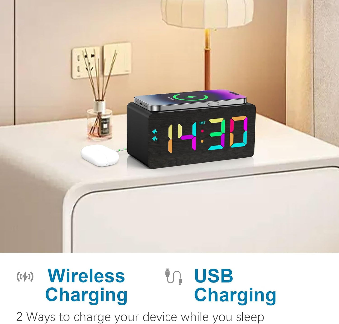Wooden Digital Alarm Clock with Fast Wireless Charger, Dual USB Charging Ports, DST, Dimmable, Snooze, RGB Large Number Display LED Clock for Bedrooms, Living Room, Desk, Table, Bedside(Black)