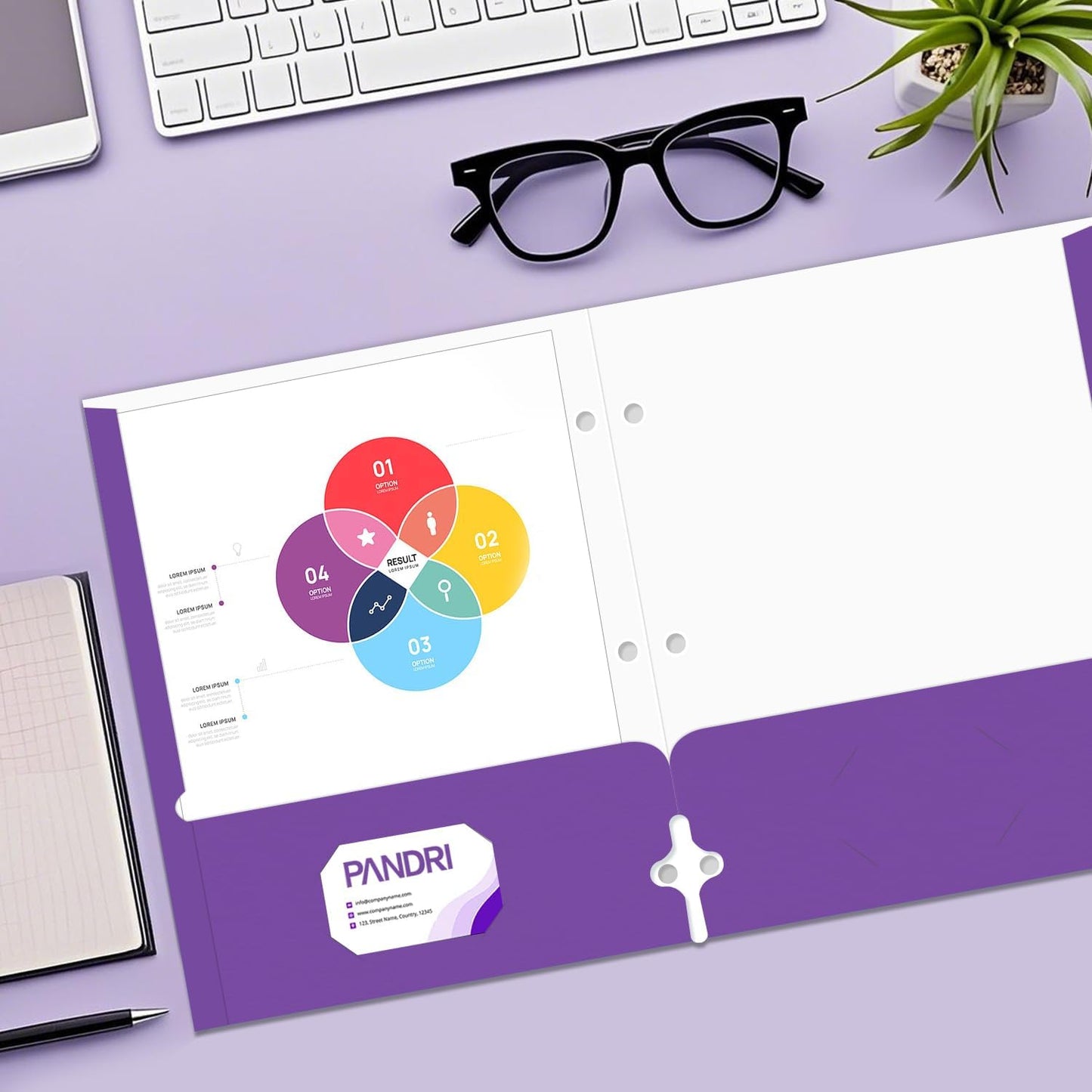 Two Pocket Portfolio Folders, PANDRI 60 Pack 3 Hole Punched 2 Pocket Folders for 3 Ring Binder, Letter Size Paper File Folder for School Office Home Business, Purple