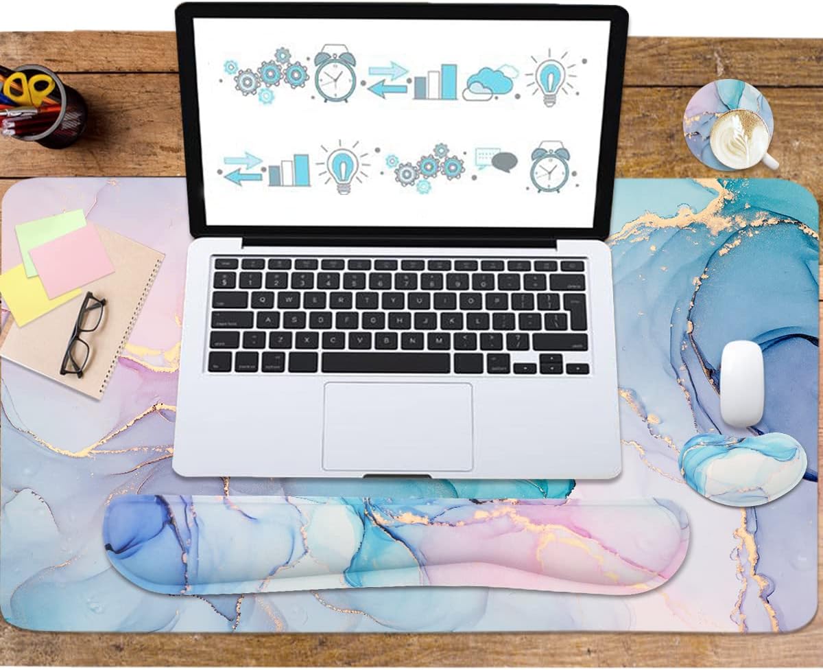 Large Mouse Pad Desk Dad, 4-in-1 Keyboard Wrist Rest Pad & Wrist Support Mouse pad Set, Extended Desk Pad Waterproof Desk Mat for Home Office Study Game-Blue Marble