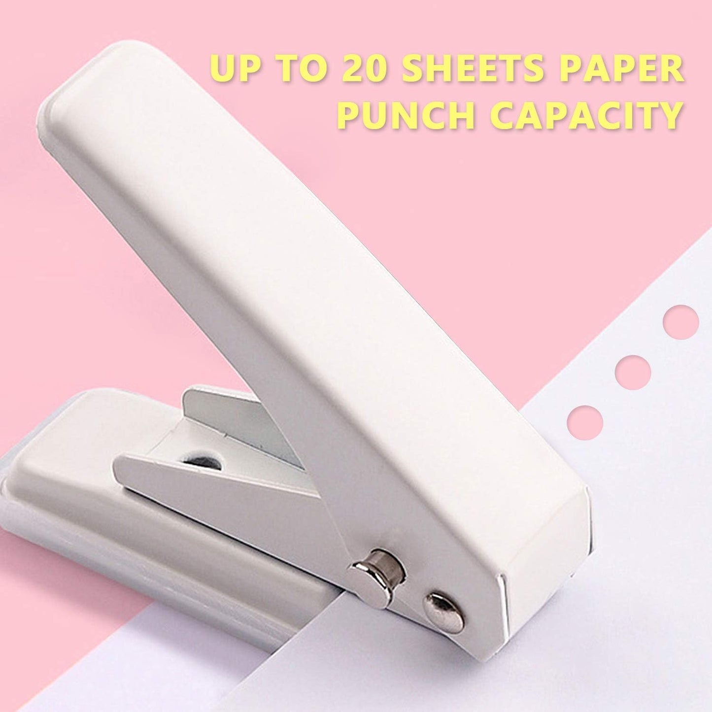 Single Hole Puncher Handheld 1/4 Inches Hole Punch, 20 Sheet Paper Punch Capacity Metal Hole Puncher with Skid-Resistant Base for Paper, Chipboard, Art Project, Ivory White