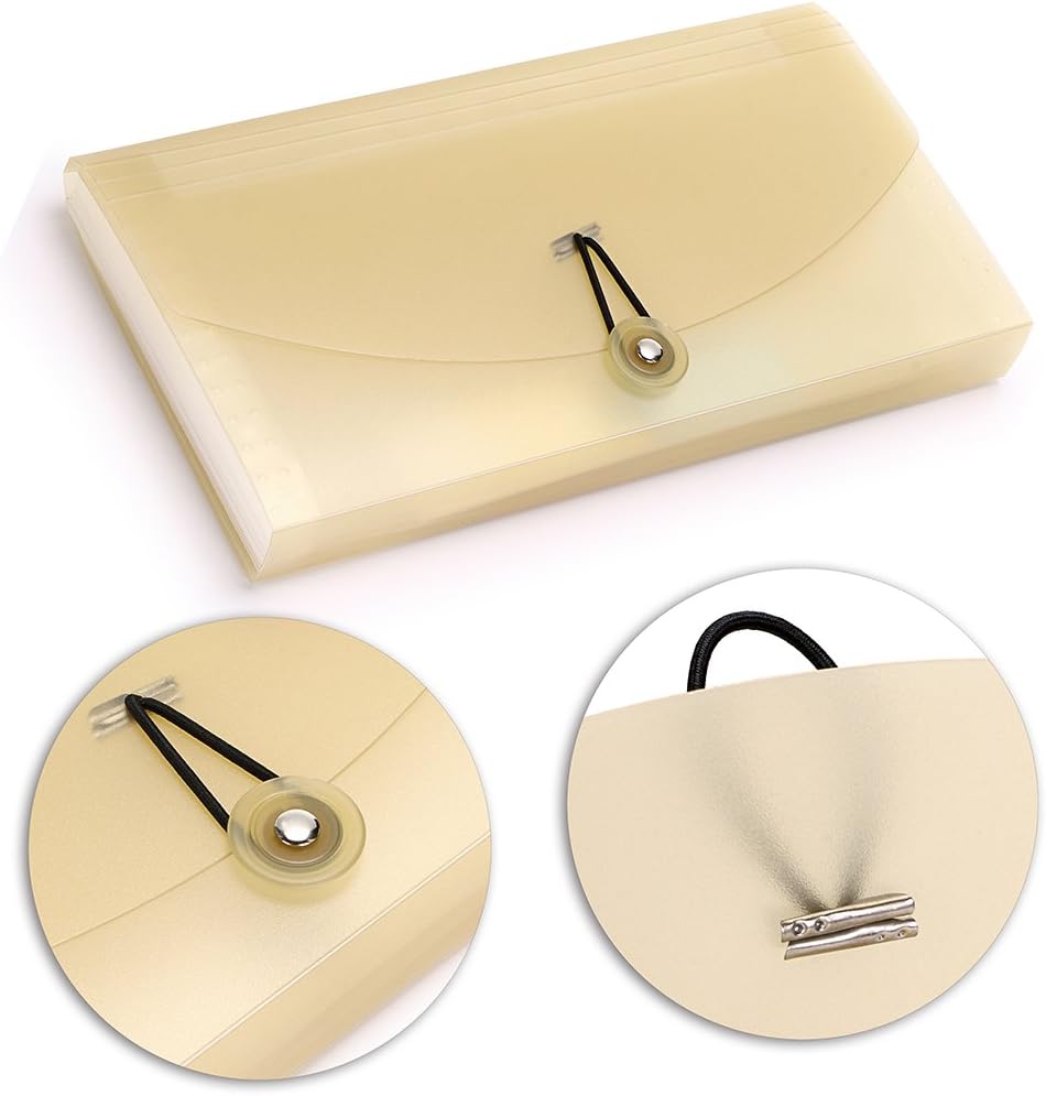 BTSKY Expanding File Folder - 13 Pockets, Small Accordion File Folder, Expandable Card Ticket Holder, Plastic Business Document Organizer, Khaki Translucent