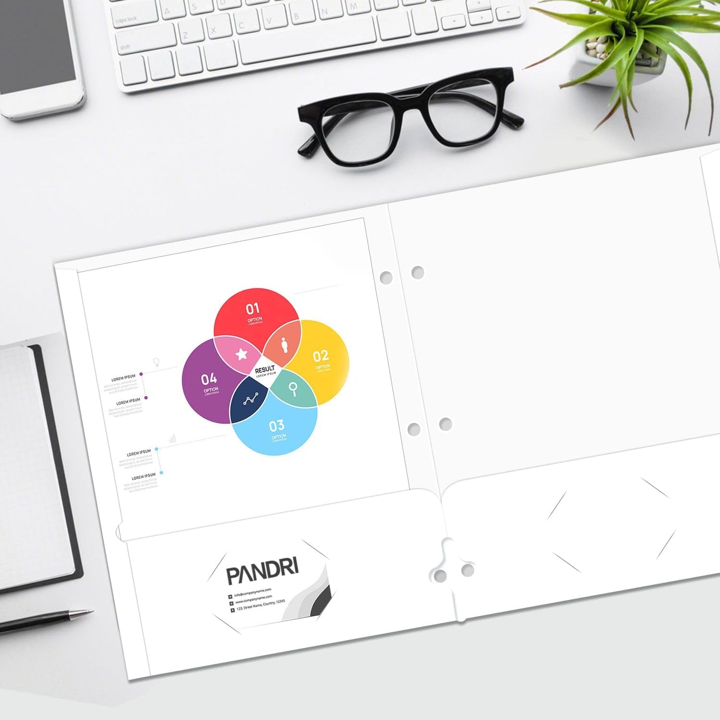 Two Pocket Portfolio Folders, PANDRI 60 Pack 3 Hole Punched 2 Pocket Folders for 3 Ring Binder, Letter Size Paper File Folder for School Office Home Business, White