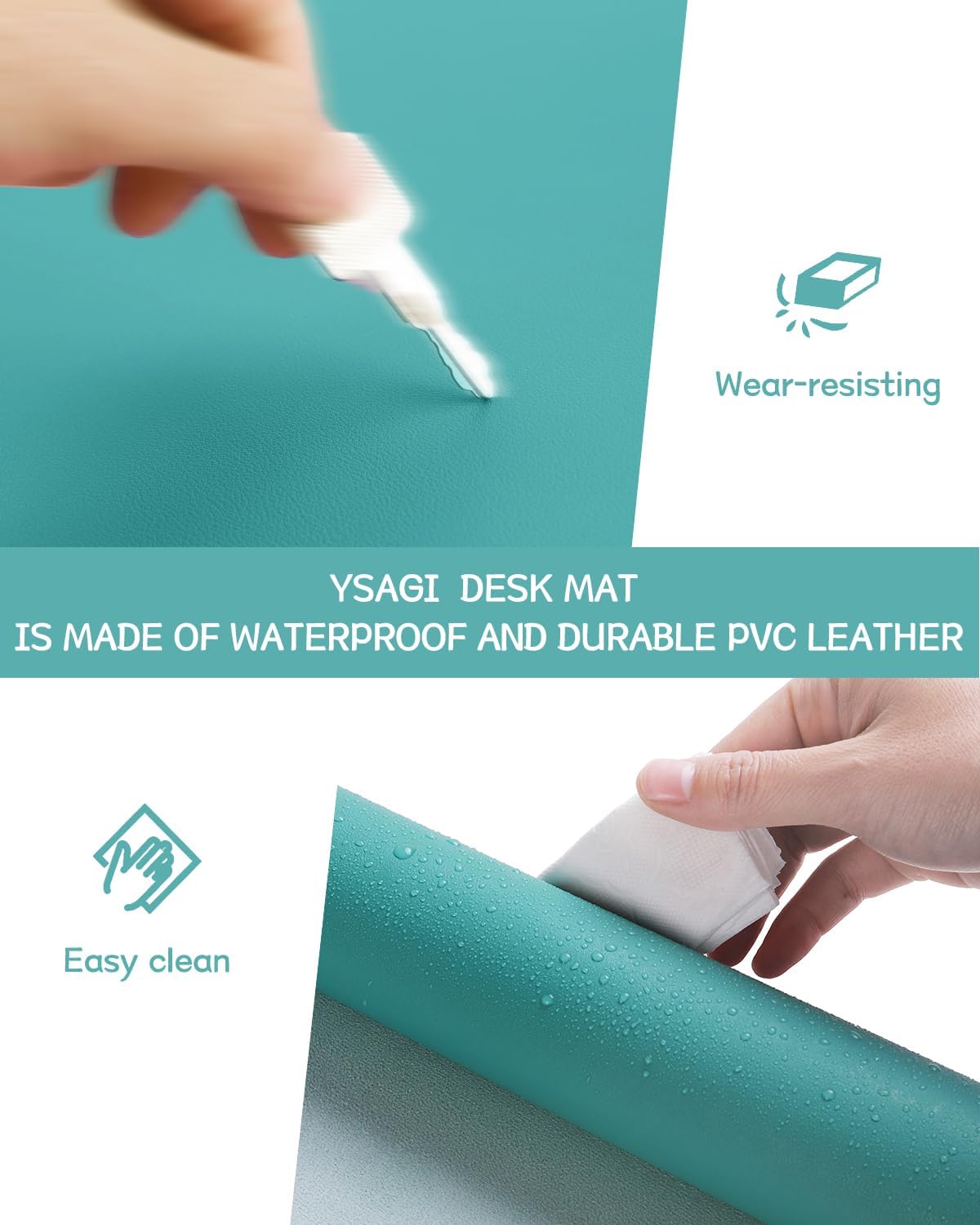 YSAGi Non-Slip Leather Desk Pad, Waterproof Laptop Computer Desk Keyboard Mat, Table Protector Blotter Mat, Large Mouse Pad for Office/Work/Home/Decor(Green Blue, 31.5" x 15.7")
