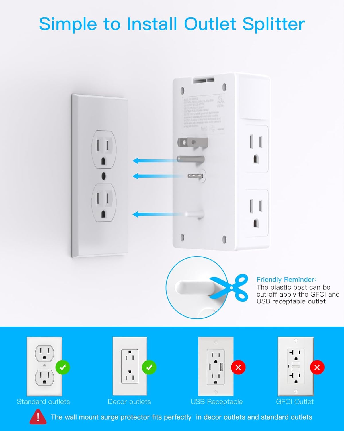 Surge Protector, 5 Outlets Extender with 4 USB Ports(USB C PD30W), 3-Side 1680J Power Strip Multi Plug Outlet Expander, USB Wall Charger, Outlet Splitter Adapter Wall Mount for Home Office(White)