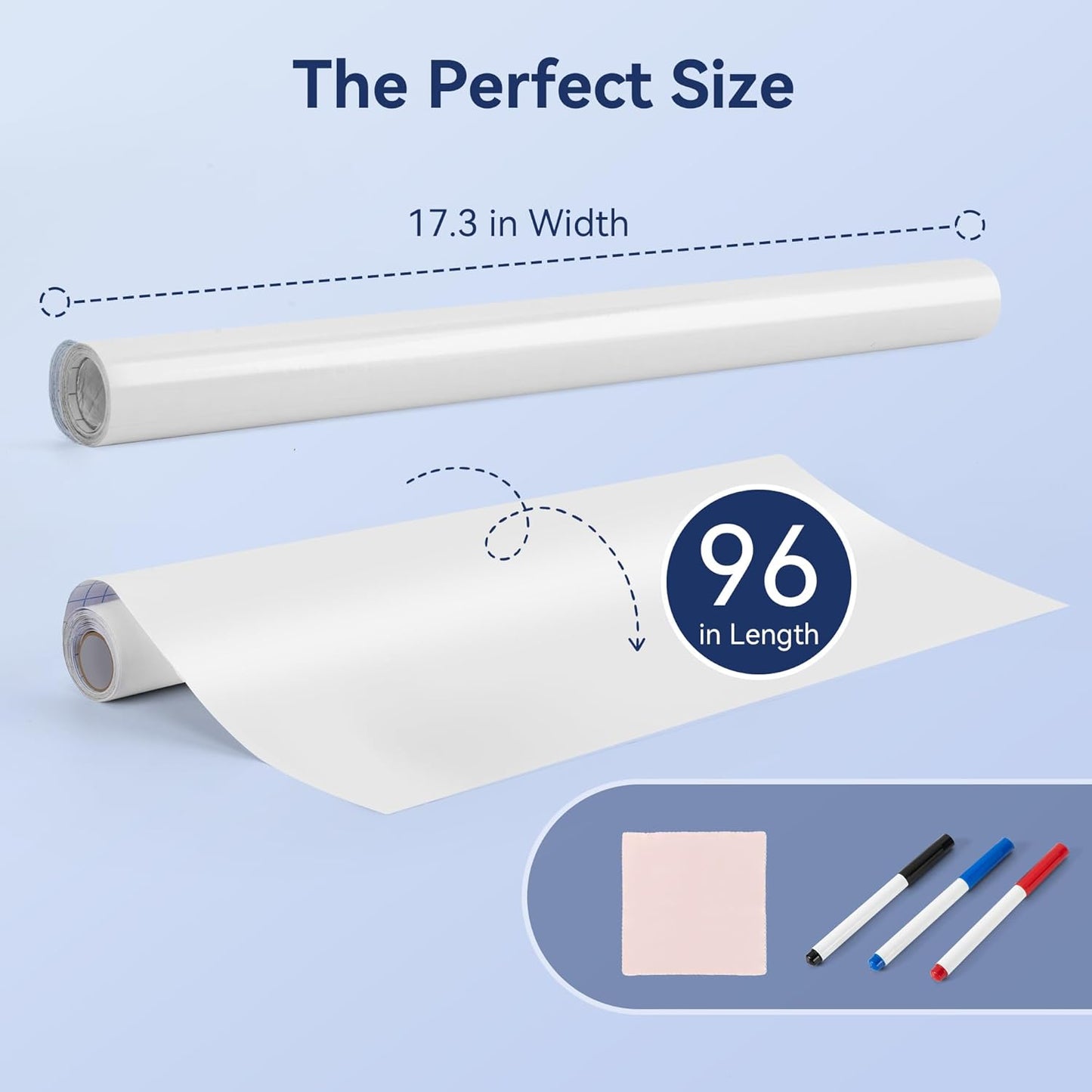 Vusign Whiteboard Sticker for Wall, 96" x 17.3" Dry Erase Board Wallpaper Peel and Stick,Self-Adhesive White Board for School, Office, Home, Kids Drawing with 3 Pen, 1 Cleaning Cloth