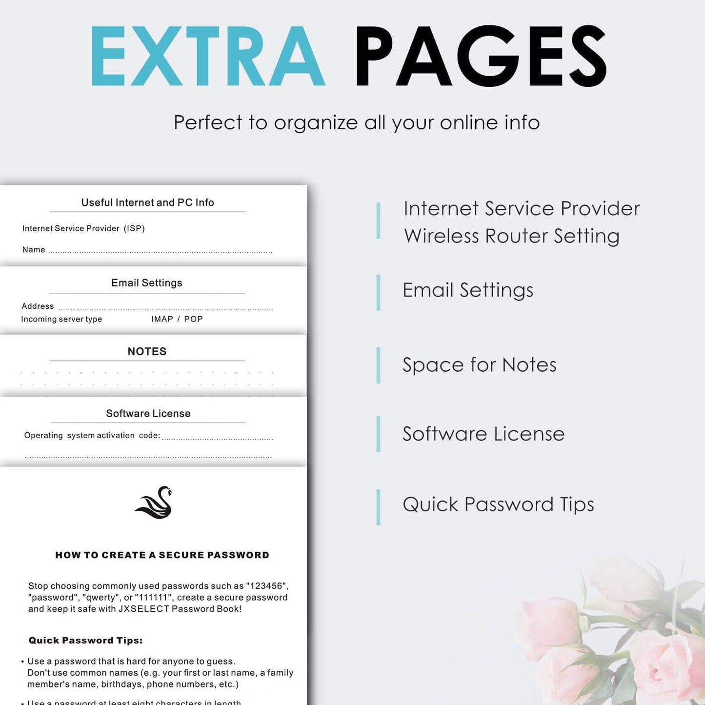 Elegant Password Book with Alphabetical Tabs - Hardcover Password Book for Internet Website Address Login - 5.2" x 7.6" Password Keeper and Organizer w/Notes Section & Back Pocket (Black)