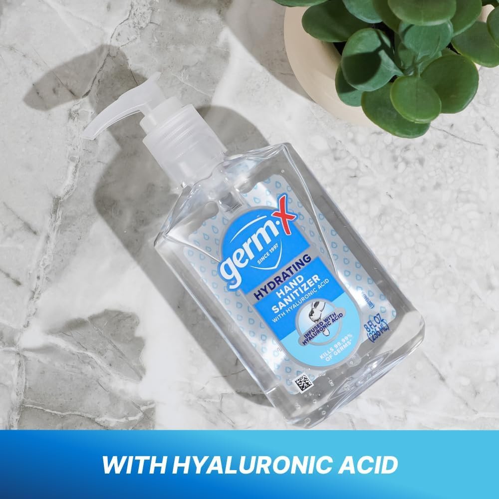 Germ-X Hand Sanitizer, Hydrating with Hyaluronic Acid, 8 Fl Oz Pump (Pack of 6) Instant & No Rinse Formula for All Skin Types, Back to School Supplies, Formulated without Parabens, Phthalates & Dyes