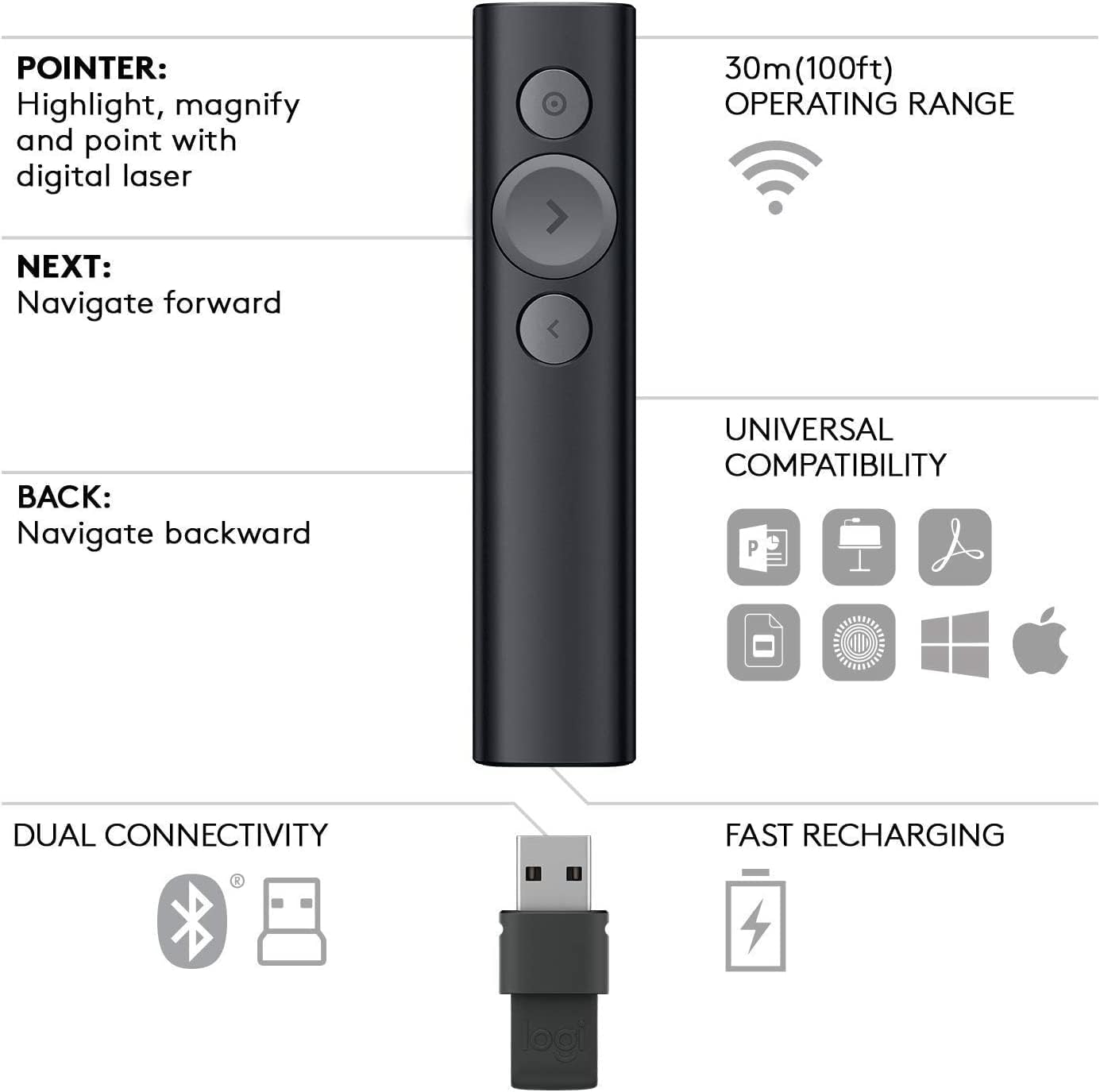 Logitech Spotlight Presentation Remote - Universal Wireless Presentation Clicker with Laser Pointer, Advanced Digital Highlighting, Bluetooth, 30 m Range and Quick Charging - Silver
