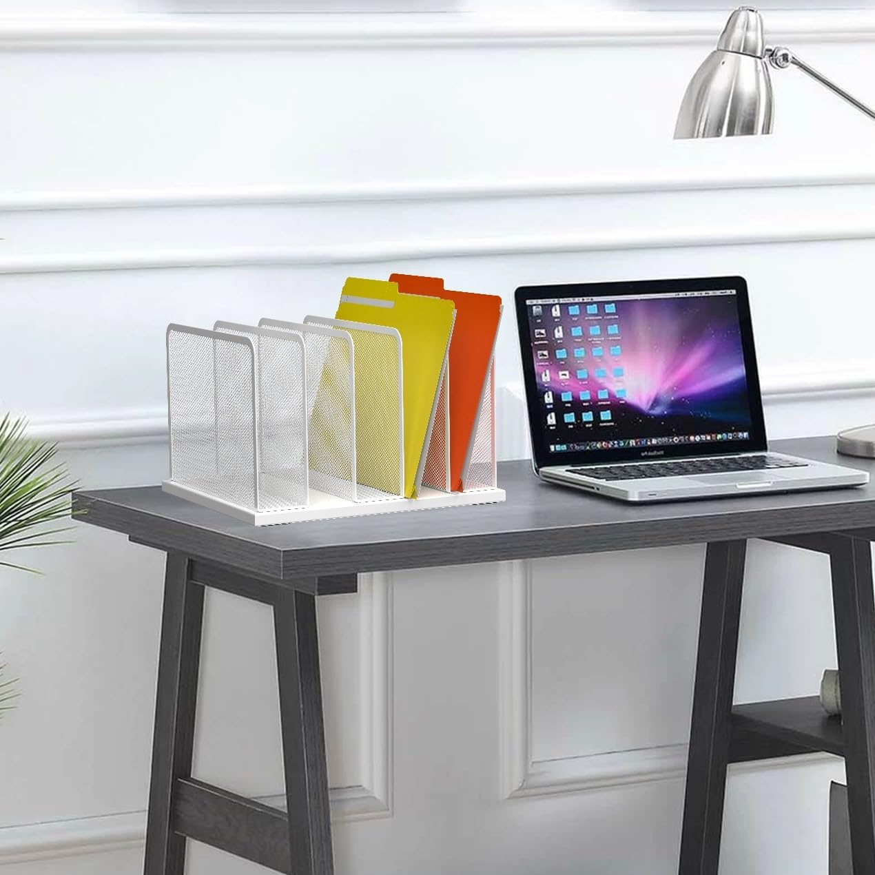 Kuntine.B Desk File Organizer Upright Mesh Desktop Organizer File Sorter Office Organization File Holder for Home, Office & Classroom (White, 1 Pack 5-Section)
