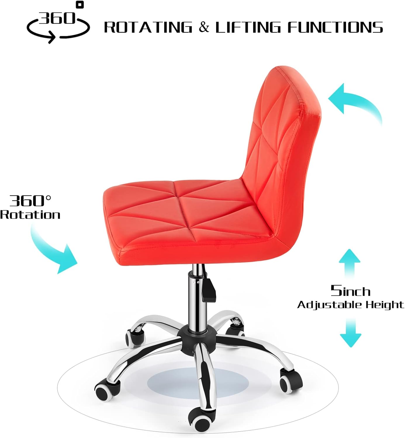 COSVALVE Armless Desk Chair, Mid Back Swivel Office Chair, Adjustable Task Chair with Rolling Wheels and Diamond Pattern, for Home Computer Barber, Red