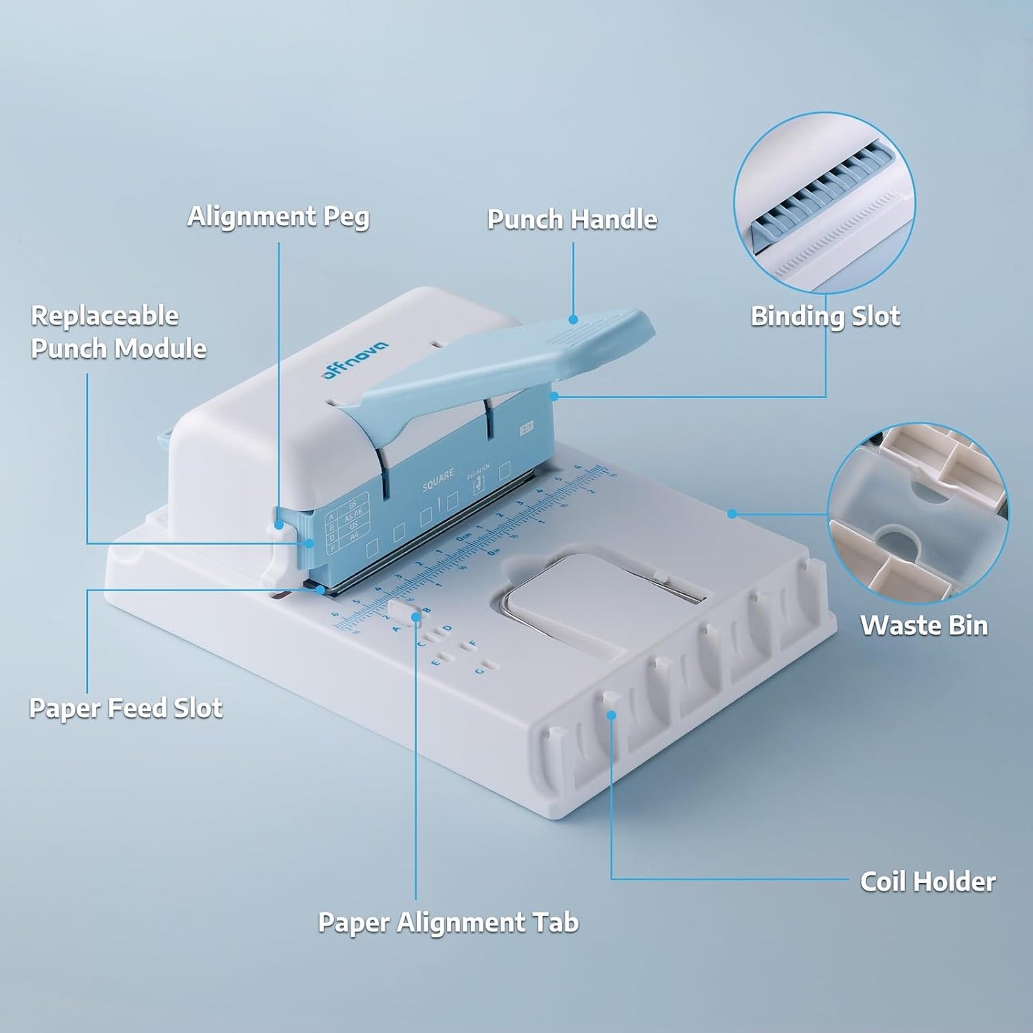 OFFNOVA 2-in-1 Mini Binding Machine, Square & Disc Hole Book Binder, Compact DIY Punch and Bind Kit for A4/A5/US Letter, Includes Coils and Discs for Journals, Planners, Notebooks, Calendars
