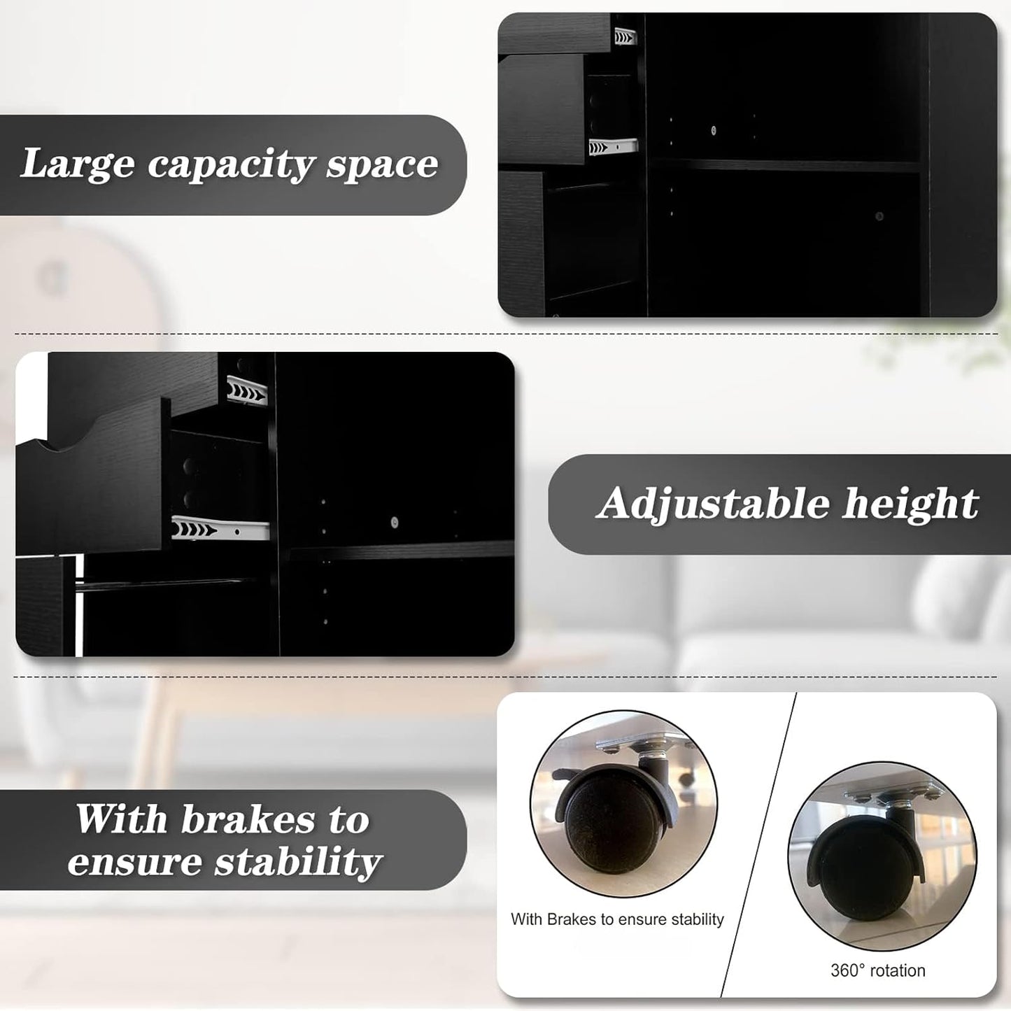 QDSSDECO 3-Drawer with Shelf Wood File Cabinet Mobile Lateral Filing Cabinet, with Rolling Wheel Printer Stand and Open Adjustable Storage Shelves, for Home Office, Black