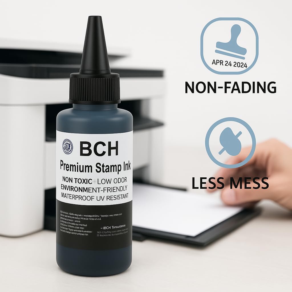 BCH Premium Black Stamp Ink Refill | Quick-Dry Permanent & Waterproof Ink Formula for Self Inking Rubber Stamps, Stamp Pads, Notary Supplies, Stamp Ink | 2.5 oz Bottle – Office & Business Use