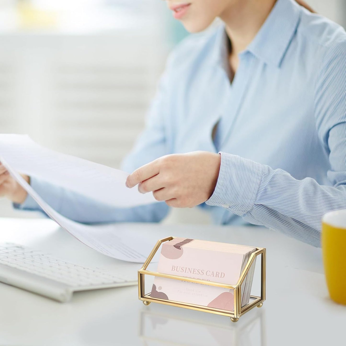 Hipiwe Business Card Holder Gold Name Card Display Stand with Mirror Bottom Metal Glass Desktop Organizer for Office Exhibition