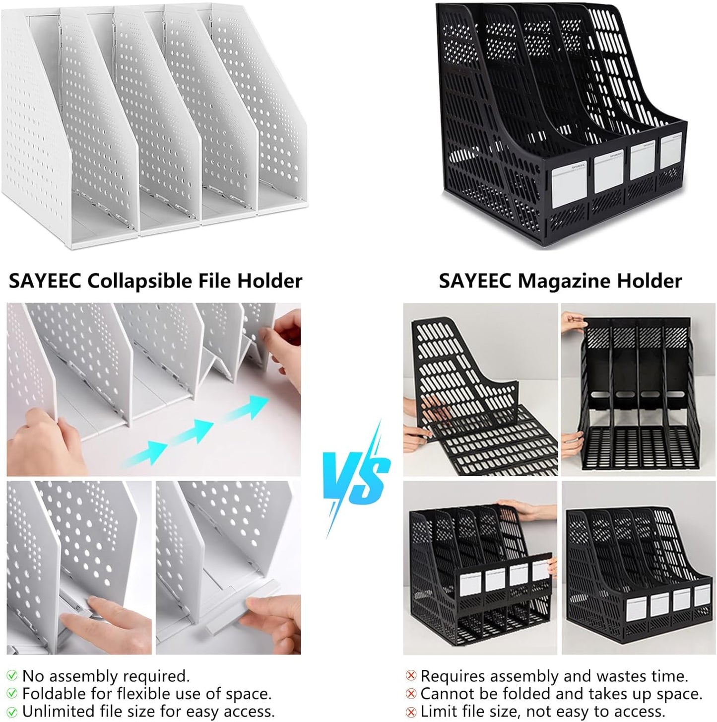 SAYEEC Collapsible Magazine Holder Plastic Desktop 4 Compartment File Desk Magazine Organizer Vertical File Divider Sorter Storage Document Organizer for Office Home School Gray